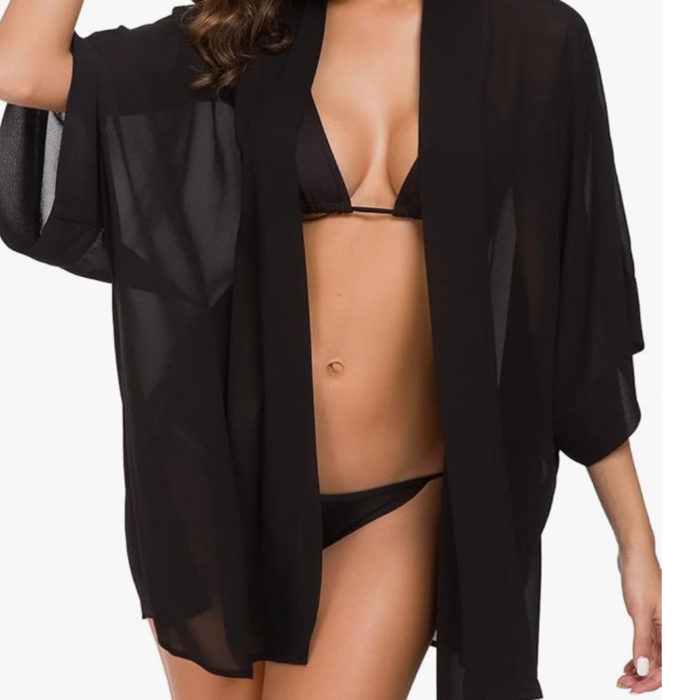 Women's Tops Loose Black Chiffon Kimono Cardigan Beach Swim Cover up Blouse - M